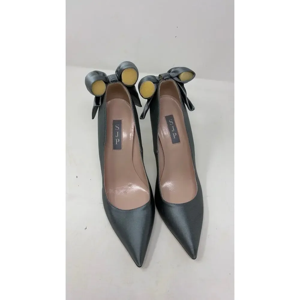 New SJP Lucille grey satin bow classic pumps 37.5 7.5